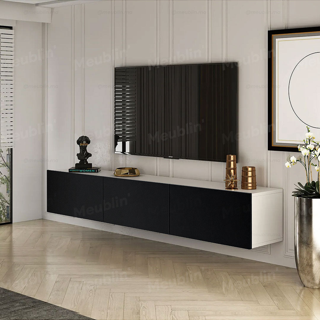 Meuble TV suspendu DAMLA 180 cm - Cadre Blanc et Portes Noires